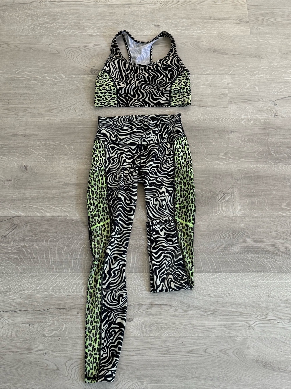 Fabletics High-Waist Zebra  Neon Green Leopard Print Leggings and Sports Bra Set